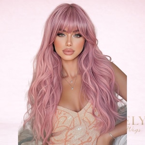 May include: A woman with long, wavy, light pink hair and bangs. She is wearing a light pink and gold sequined top. The background is a soft pink.