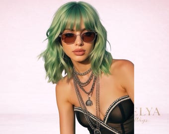 Mint Green Wavy Bob Wig – Short Curly Synthetic Hair With Bangs