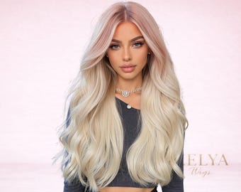 Pink Ombre Long Wavy Wig 24 Inch Middle Part Synthetic