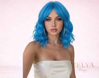 Blue Shoulder Length Wavy Wig with Bangs Synthetic Wig