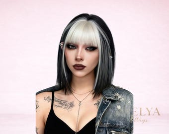 Svartvit Delad Peruk Med Lugg Goth Alt Mode Kort Bob Peruk