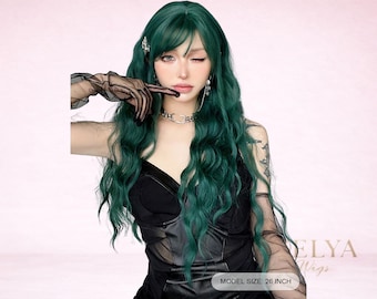 Dark Green Long Wavy Wig 28 Inch Bangs Synthetic Wig