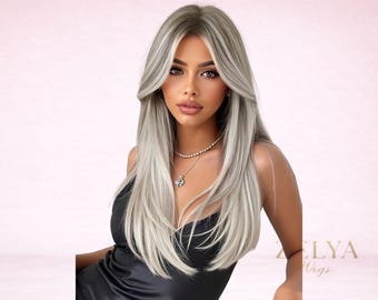 White Gold Ombre Long Wig with Bangs Butterfly Layered Wig