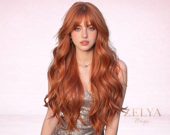 26 Inch Long Curly Orange Wig with Bangs Heat Resistant