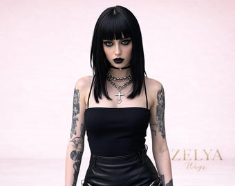Black Straight Wig With Bangs Women Gothic Alt Style Cosplay Wig Hair