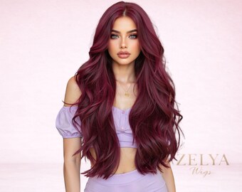 Burgundy Long Wavy Wig 28 Inch Middle Part Synthetic Wig