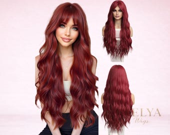 Long Red Wavy Wig With Bangs – 28 Inch Synthetic Hair Wig