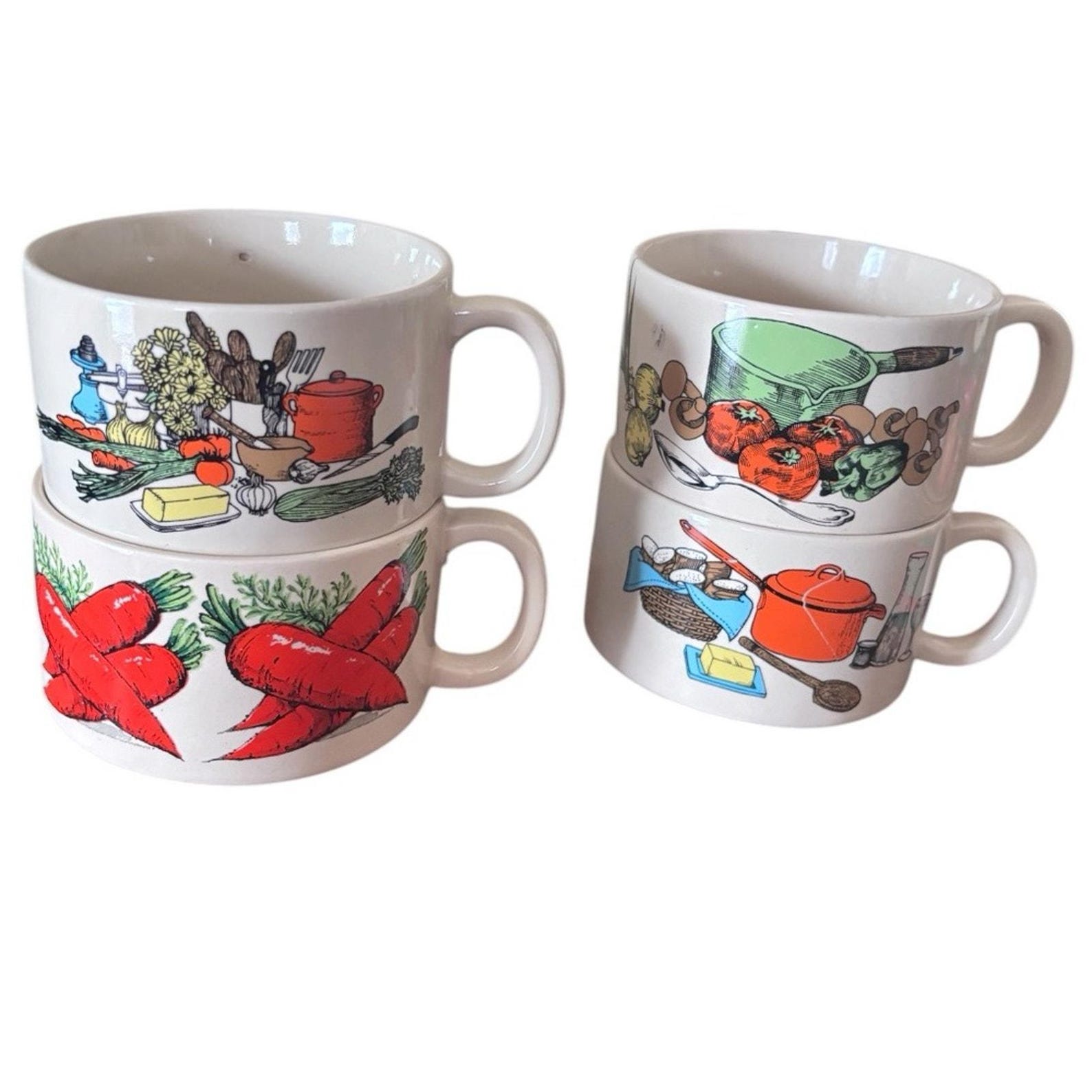 Vintage 1970s Ceramic Soup Mugs | Colorful Vegetable Kitchen Print Set
