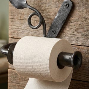 May include: A dark gray, hand-forged metal toilet paper holder featuring a decorative leaf and scroll design. The holder is mounted with two screws and supports a single roll of white toilet paper, showcasing a textured, industrial aesthetic.