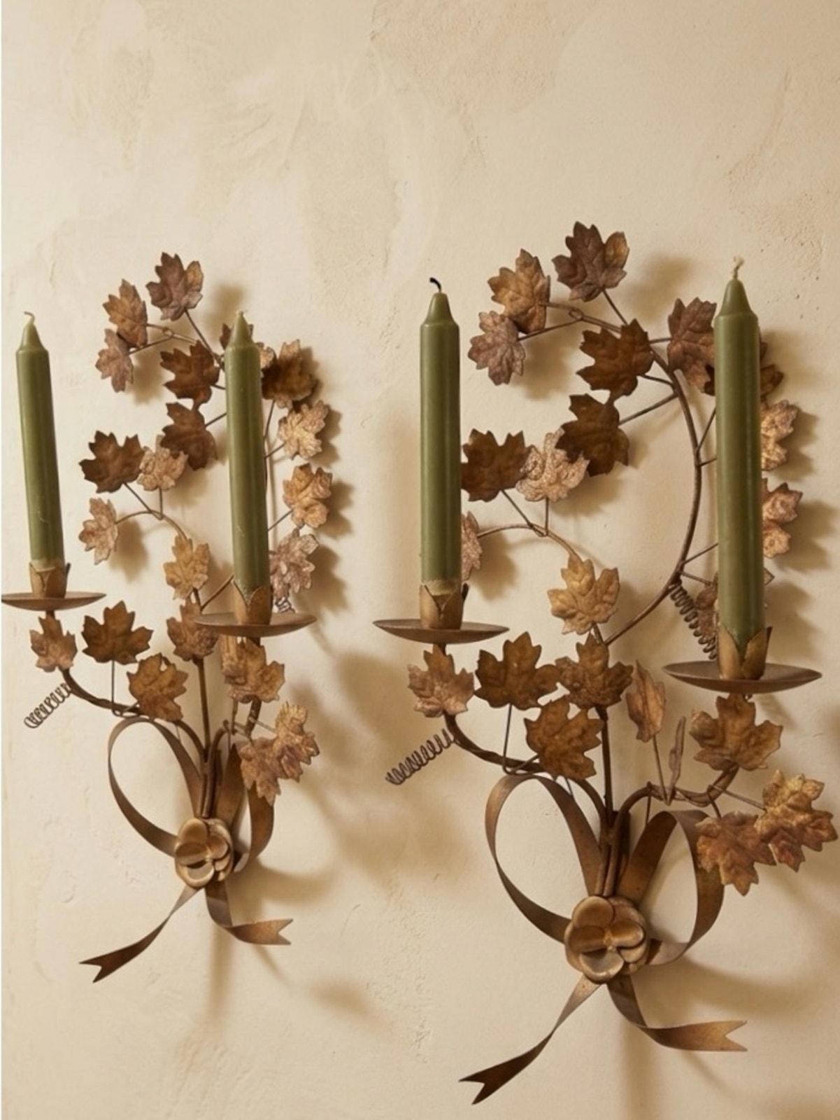 Pair of RARE Vintage Mid-century Gilt Metal Maple Leaf Candle Wall