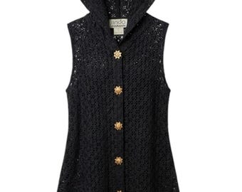 Vintage celestial sun open crochet button-down hooded swim cover-up| 100% cotton