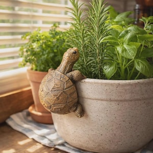 Puede incluir: Una figura decorativa de tortuga marrón agarrada al lado de una maceta grande de cerámica blanquecina moteada. La maceta contiene hierbas y plantas verdes. Una maceta de terracota más pequeña con plantas verdes está en el fondo.