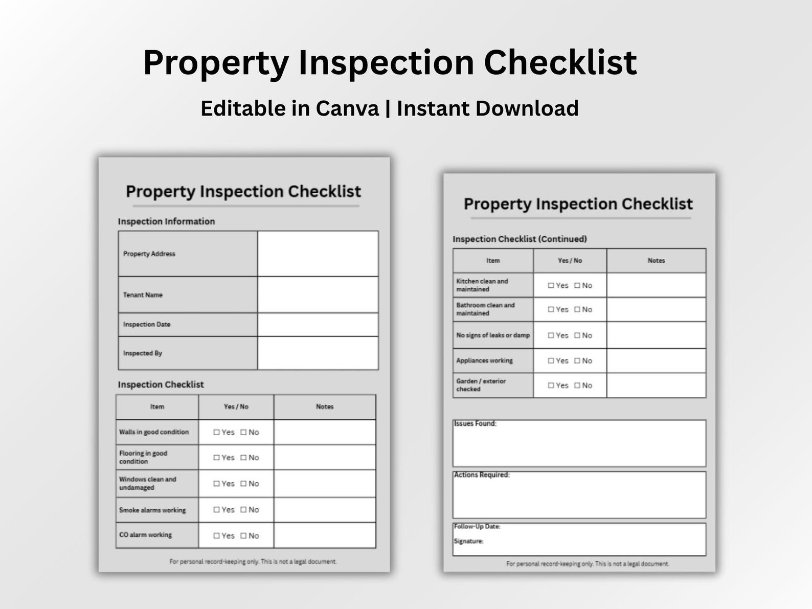 Property Inspection Checklist | Rental Inspection Template | Landlord ...