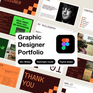 Könnte beinhalten: Eine Präsentation des Portfolios eines Grafikdesigners mit weißem Hintergrund. Der Titel "Graphic Designer Portfolio" ist deutlich sichtbar. Zusätzlicher Text enthält "55+ Slides", "Dark/light mode" und "Figma slides". Die Präsentation enthält ein Foto einer Person und eines Hundes.