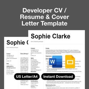 May include: A Developer CV / Resume & Cover Letter Template with the name "Sophie Clarke" in a professional design. The template includes sections for contact information, skills, experience, and education. The text "US Letter/A4" and "Instant Download" are also visible.
