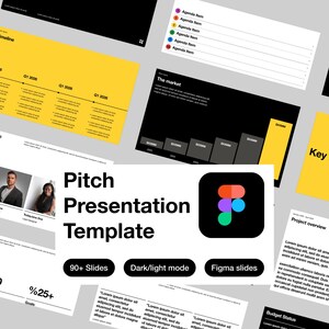 Peut inclure: Modèle de présentation numérique intitulé "Pitch Presentation Template". L'image présente diverses mises en page de diapositives, notamment des chronologies, des graphiques et des aperçus de projets. Mode clair/sombre et diapositives Figma.