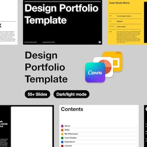 Könnte beinhalten: Eine digitale Design-Portfolio-Vorlage mit dem Text "Design Portfolio Template" in Weiß auf schwarzem Hintergrund. Die Vorlage enthält über 55 Folien und bietet eine Option für den Dunkel-/Hellmodus. Das Canva-Logo ist ebenfalls sichtbar.