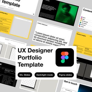 Könnte beinhalten: Eine UX Designer Portfolio Vorlage mit einem schwarz-weißen Figma-Logo. Die Vorlage enthält über 65 Folien und bietet Optionen für den Dark/Light-Modus. Das Design zeigt gelbe und weiße Elemente mit Beispieltext und einem verschwommenen grünen Bild.