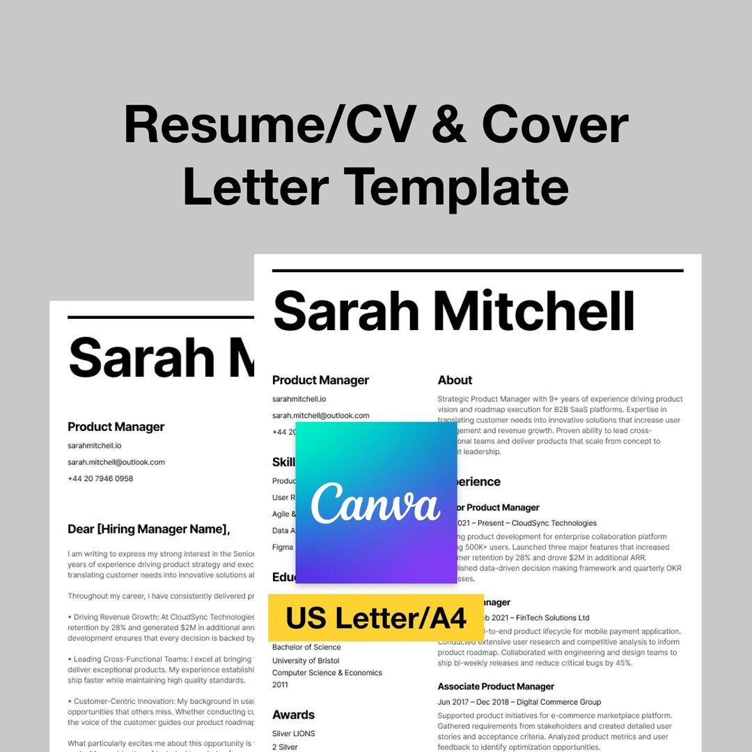 Resume Template Canva | Professional CV + Cover Letter | Clean Modern ...