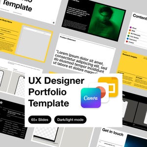 Könnte beinhalten: Eine UX-Designer-Portfolio-Vorlage mit modernem Design. Die Vorlage enthält über 65 Folien und bietet Optionen für den Dunkel-/Hellmodus. Das Canva-Logo ist sichtbar. Das Design weist gelbe und schwarze Akzente auf.