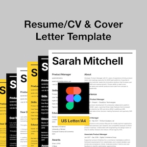 Könnte beinhalten: Eine Lebenslaufvorlage mit dem Titel "Resume/CV & Cover Letter Template" oben. Der Lebenslauf ist für Sarah Mitchell, eine Produktmanagerin. Das Dokument ist für das Papierformat US Letter/A4 formatiert.