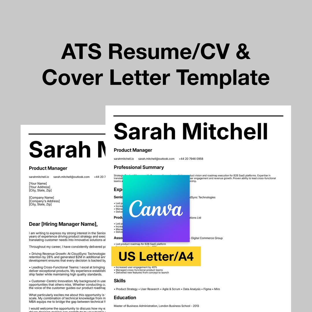 ATS Resume Template Canva | Modern CV + Cover Letter (digital Download ...