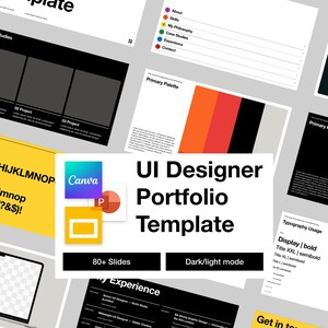 May include: A UI Designer Portfolio Template with a modern design. The template includes over 80 slides and offers a dark/light mode option. The design features a primary palette of orange, red, and black.