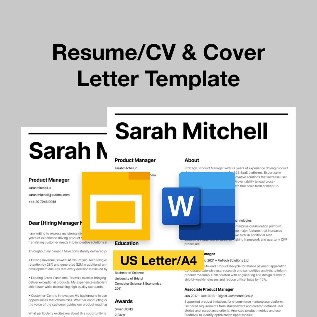 Clean Modern Resume Template | Word, Google Docs CV + Cover Letter - Etsy