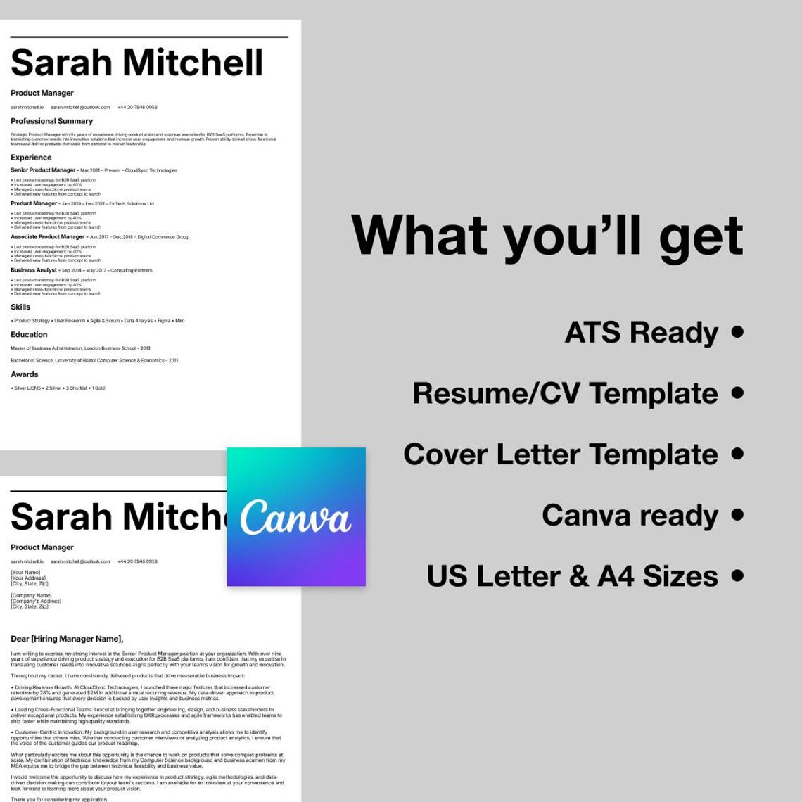 ATS Resume Template Canva | Modern CV + Cover Letter (digital Download ...