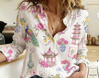 Retro Mahjong Women Blouse Shirt, Chinoiserie Pattern Button Down, Asian Art Long Sleeve Shirt, Mahjong Lover Gift, Retro Apparel for Her