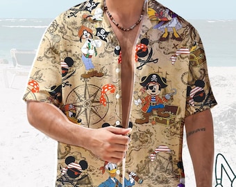 Chemise hawaïenne pirate Mickey et ses amis, chemise croisière nocturne pirate DCL, chemise boutonnée Mickey pirate rétro, chemise familiale d'été assortie