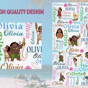 May include: A rectangular fabric print featuring a repeating pattern of the name Olivia in various colors and fonts, interspersed with illustrations of characters from the movie Moana, including Moana, Maui, Pua the pig, and Heihei the rooster.