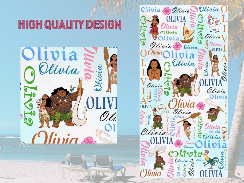 May include: A rectangular fabric print featuring a repeating pattern of the name Olivia in various colors and fonts, interspersed with illustrations of characters from the movie Moana, including Moana, Maui, Pua the pig, and Heihei the rooster.