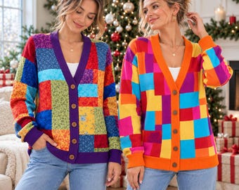 May include: Two long-sleeve button-down cardigans featuring vibrant, multi-colored patchwork patterns. One cardigan displays a floral-print block design with a purple trim, while the other showcases solid-colored blocks in bright hues with an orange trim.