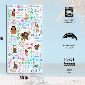 May include: A rectangular beach towel measuring 30 inches by 60 inches, featuring a repeating pattern of the name Olivia in various colors and fonts, interspersed with Moana characters, a boat, a paddle, and flowers on a light blue background.