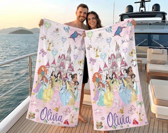 Serviette de plage princesse WDW personnalisée, serviette de fille d'anniversaire Cendrillon Raiponce, serviette de bain voyage d'été à la plage, serviette de voyage vacances d'été