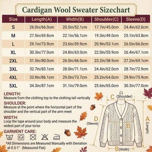 May include: A Cardigan Wool Sweater Sizechart featuring a table with sizes S through 5XL, listing length, width, shoulder, and sleeve measurements in inches and centimeters. Includes a diagram of a cable-knit cardigan with labels A, B, C, and D.