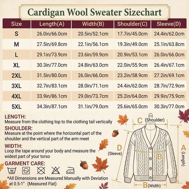 May include: A Cardigan Wool Sweater Sizechart featuring a table with sizes S through 5XL, listing length, width, shoulder, and sleeve measurements in inches and centimeters. Includes a diagram of a cable-knit cardigan with labels A, B, C, and D.