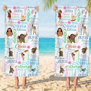 May include: A white beach towel featuring a repeating pattern of the name Olivia in various colors and fonts, interspersed with colorful illustrations of characters, a boat, a paddle, and tropical flowers arranged in a vertical layout.