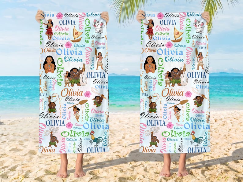 May include: A white beach towel featuring a repeating pattern of the name Olivia in various colors and fonts, interspersed with colorful illustrations of characters, a boat, a paddle, and tropical flowers arranged in a vertical layout.