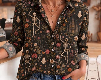 Skeleton Floral Gothic Blouse, Dark Botanical Skeleton Button Up Shirt, Witchy Cottagecore Halloween Top, Spooky Wildflower Shirt for Women