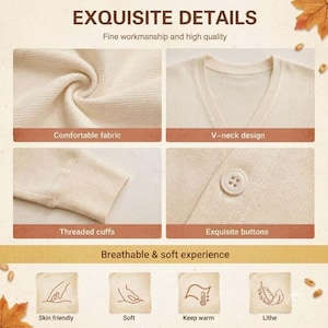 May include: A beige ribbed cardigan featuring a V-neck design, long sleeves with threaded cuffs, and round buttons. The image includes text labels: EXQUISITE DETAILS, Comfortable fabric, V-neck design, Threaded cuffs, Exquisite buttons, and Breathable & soft experience.