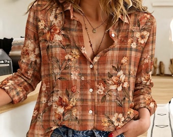 Fall Plaid Floral Blouse, Autumn Botanical Button Down Shirt, Women Long Sleeve Top, Thanksgiving Outfit, Rustic Cottagecore Fall Fashion