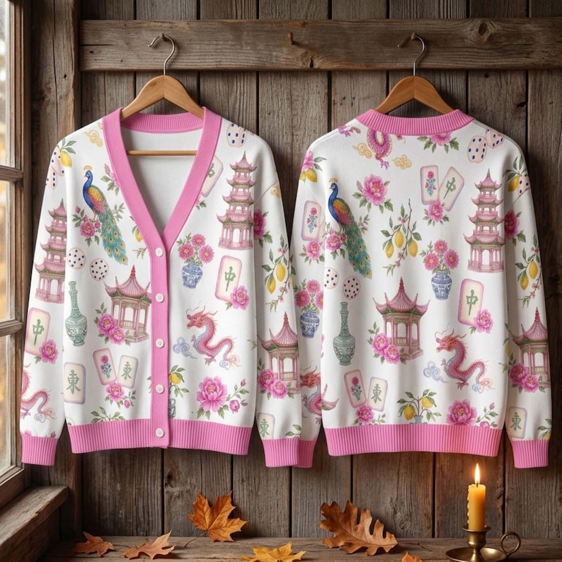 May include: A white cardigan with a pink V-neck and hem, featuring a repeating pattern of peacocks, dragons, pagodas, mahjong tiles, vases with flowers, and lemons. The cardigan has a button-down front with five white buttons and long sleeves.