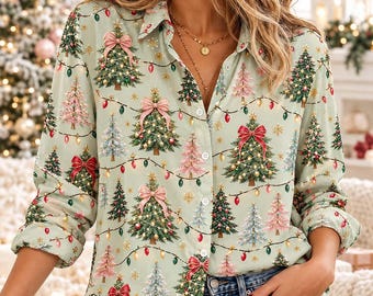 Christmas Tree Lights Blouse for Women, Cute Bow Christmas Button Down Shirt, Festive Holiday Top with Colorful Trees Lights Print
