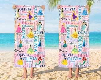 Personalized WDW Princess Beach Towel, Disney Princess Birthday Girl Towel Bath Pool Summer Beach Trip, Towel for Girl Trip Summer Vacation