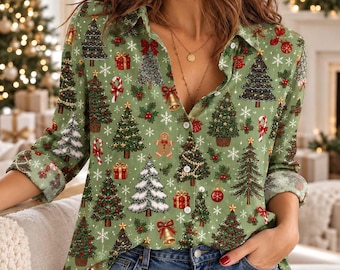 Christmas Tree Blouse for Women, Green Holiday Button Down Shirt, Snowflake Xmas Top, Festive Winter Shirt, Christmas Party Outfit