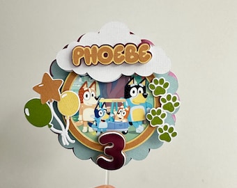 Blauwe Heeler Family aangepaste taarttopper - gepersonaliseerd met naam en leeftijd