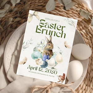 Könnte beinhalten: Eine Einladung zum Osterbrunch mit einer Aquarellillustration eines Hasen, Eiern und Schmetterlingen. Die Einladung enthält den Text "Join us for a Easter Brunch" und das Datum "April 12, 2030".