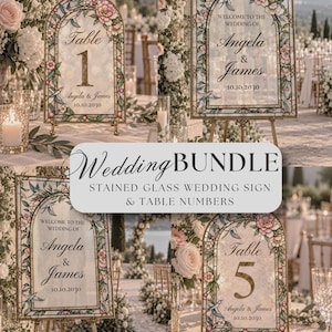 Stained Glass Wedding Sign Bundle Template, Editable Canva Wedding Set, Welcome Sign & Table Numbers, Floral Acrylic Wedding Decor